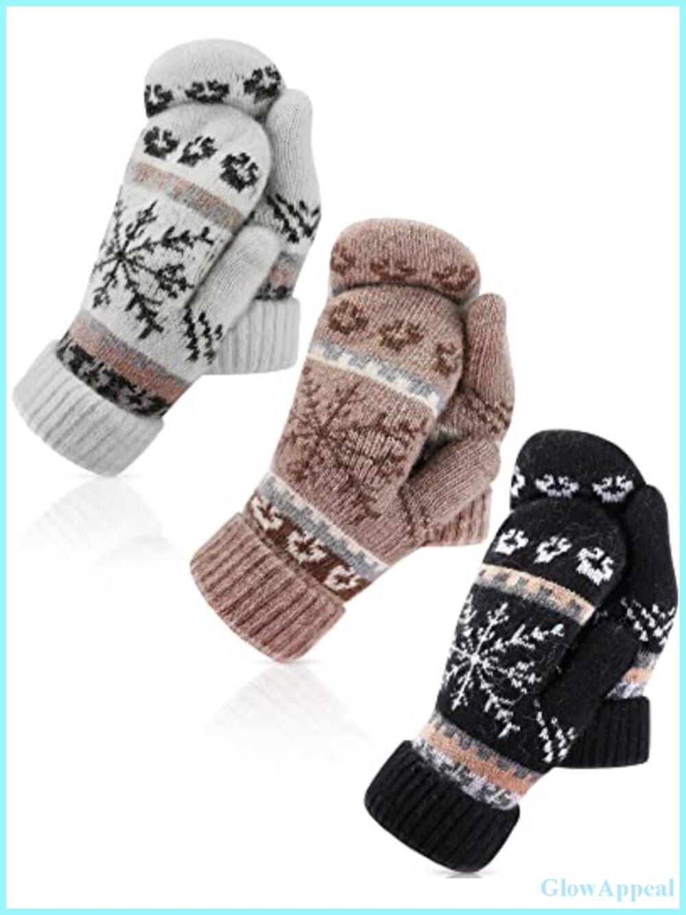 3 Pairs Knit Winter Mittens for Women Warm Fleece Lined Snowflake Gloves